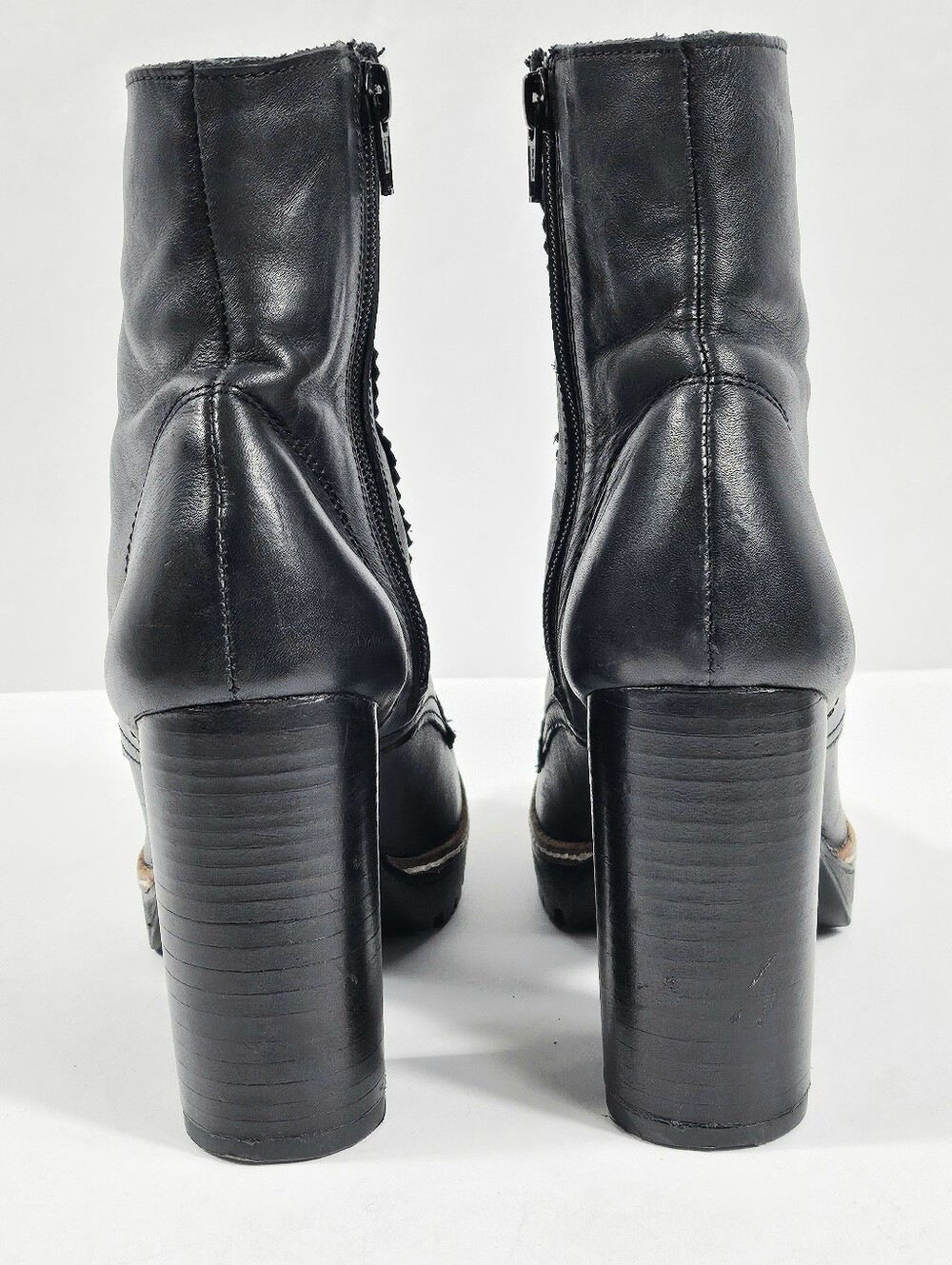 Chelsea & Violet Lexie Black Leather Lace-Up Block Heel Lug Sole Ankle Boot - Picture 7 of 16